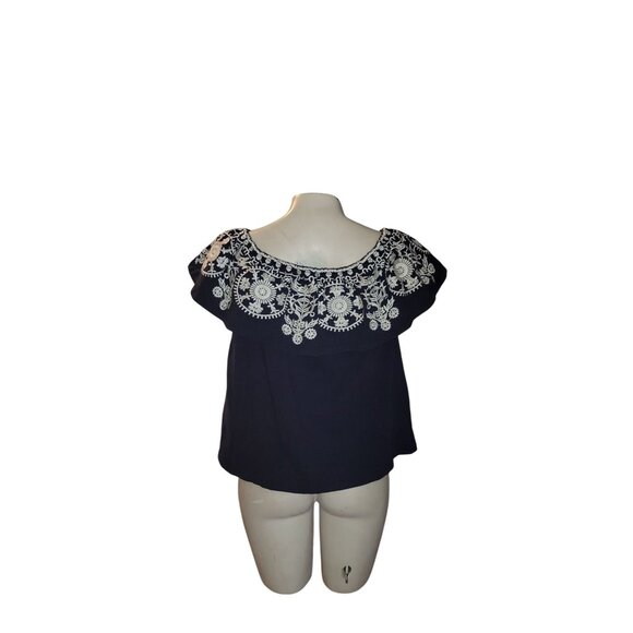 LUNA MOON Navy Blue Embroidered Off-Shoulder Luna Moon Top S Cotton Blend‎ - Picture 3 of 8